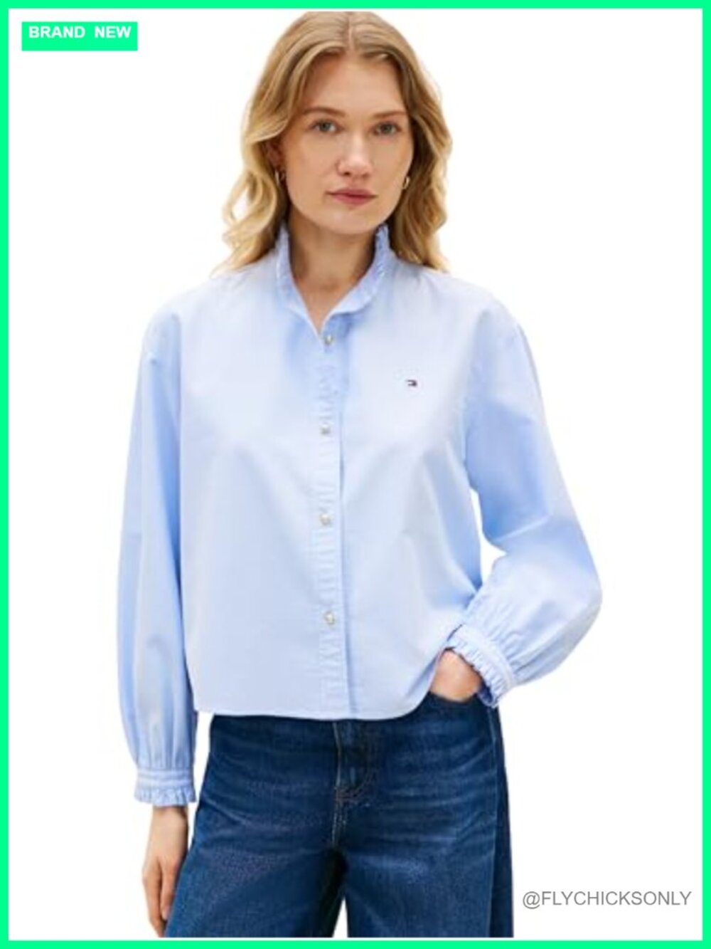 Oxford Cropped Button Down Shirt Ruffle Detail Long Sleeve Work